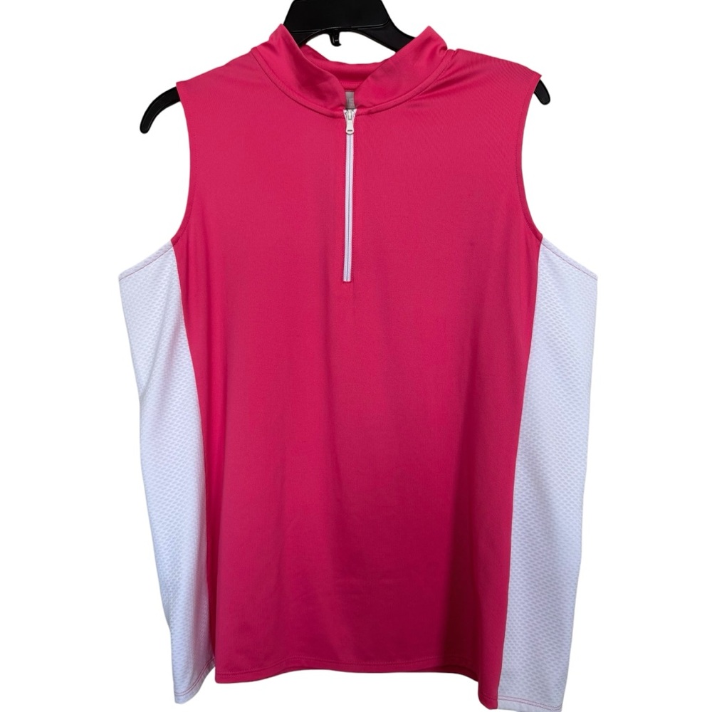 Chico’s ZENERGY Sz 2(L) Sleeveless Pink White ColorBlock Zip Up Top